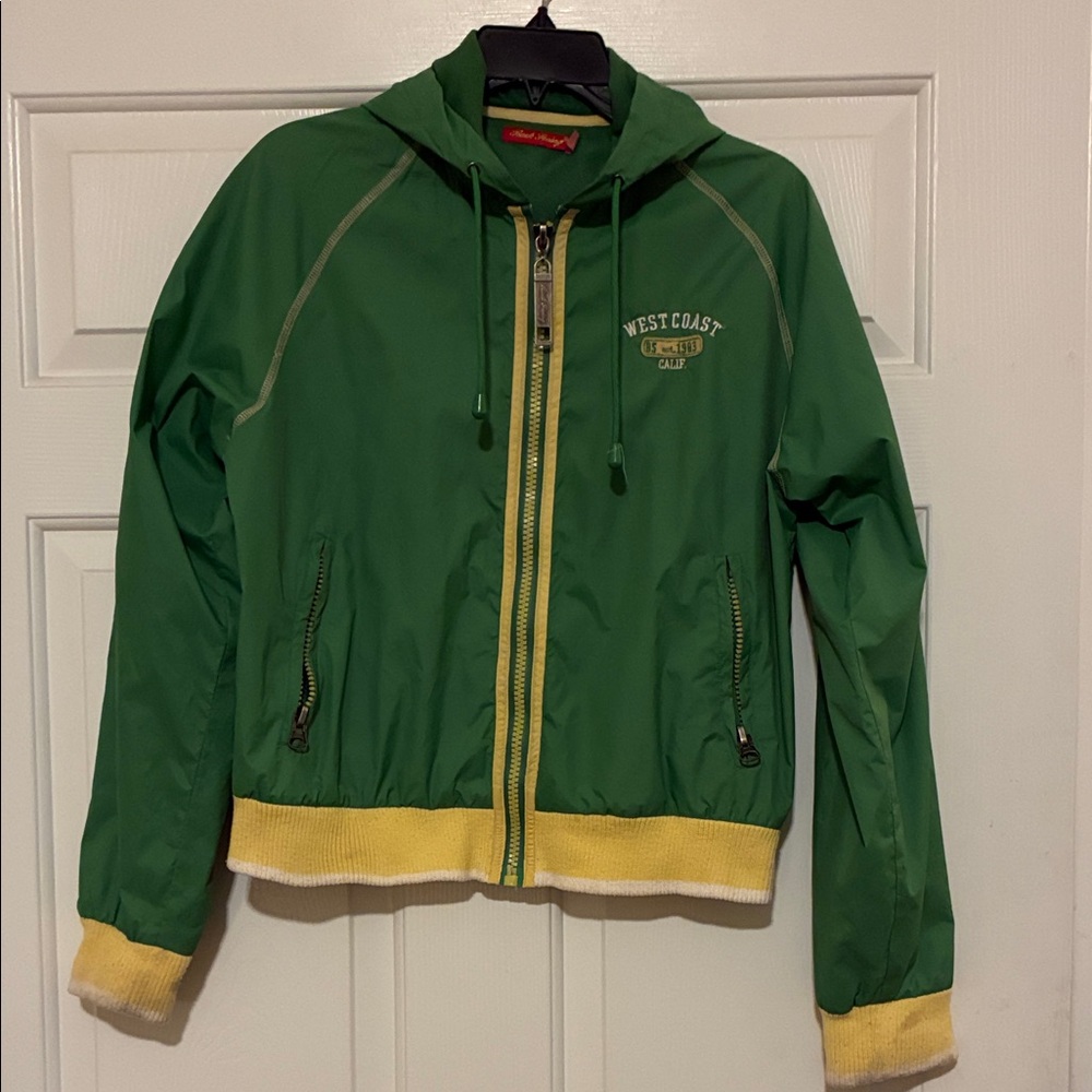 🆕 Back Swing brand Vintage Green and Yellow zippered/hooded windbreaker